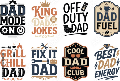 Fathers day vector typography badge set with dad quotes tools and orange blue style