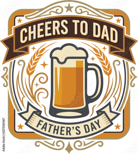Fathers day vector beer badge with mug ribbon laurel and vintage brown gold style