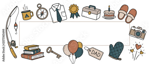 Fathers day vector doodle border with gifts tools balloons and blue gold icons