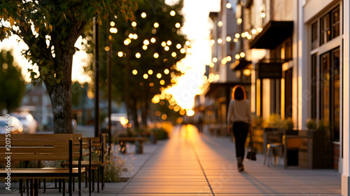 Walkable Downtown Street At Golden Hour Supporting Vibrant Local Business And Urban Lifestyle