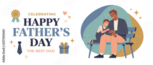 Fathers day vector greeting card with dad child family gifts and blue gold style
