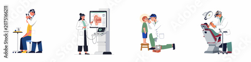 Foto Set of Otolaryngology Specialists Performing Ear and Throat Examinations and Medical Procedures on Patients in a Modern Clinical Setting