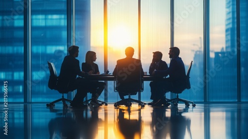 Business professionals meeting in a modern office boardroom at sunrise, discussing strategy, leadership, teamwork, corporate planning, collaboration, decision making, innovation, and business growth.