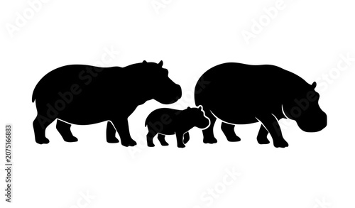 Photography Hippopotamus Family Black Silhouette Vector with African Wildlife Animals Isolat