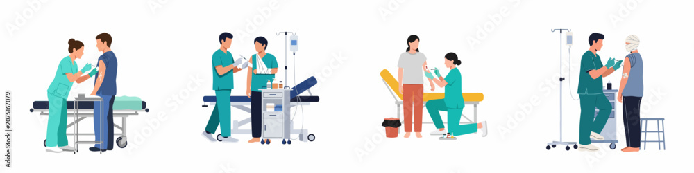 Obraz premium Set of flat illustrations depicting medical professionals administering vaccinations and injections to patients with various conditions and injuries in a clinical setting.
