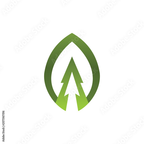 Green leaf tree arrow logo with eco symbol, suitable for nature, forest, organic, sustainability, agriculture, and environmental brands.