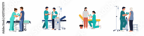 Fotografie Set of flat illustrations depicting medical professionals administering vaccinations and injections to patients with various conditions and injuries in a clinical setting