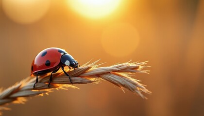 Macro photo of ladybug on grass stalk at sunset. Warm sunlight creates bokeh background. Insect crawls on plant in nature during golden hour.
