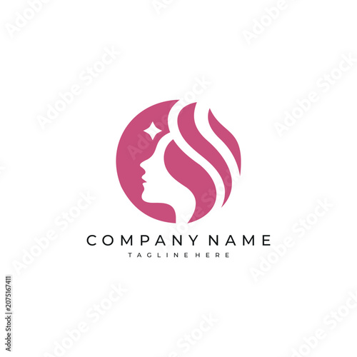 Elegant woman face and hair logo with pink gradient, perfect for salon, beauty, cosmetics, spa, skincare, and feminine branding.