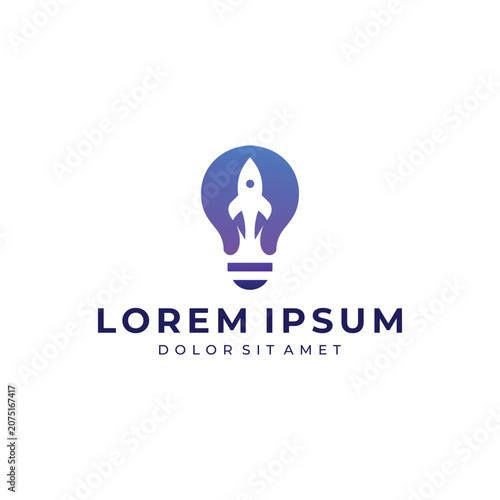 Blue light bulb rocket logo symbolizing innovation, startup ideas, education, creativity, technology, and business growth.