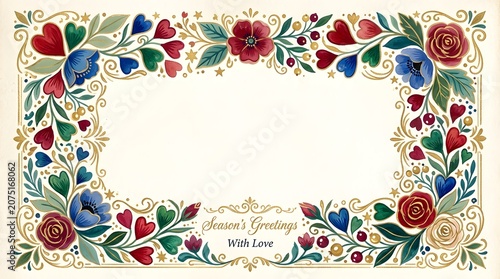 Decorative holiday greeting card frame featuring vibrant hand painted watercolor flowers and golden flourishes with romantic heart shapes and elegant calligraphy text 