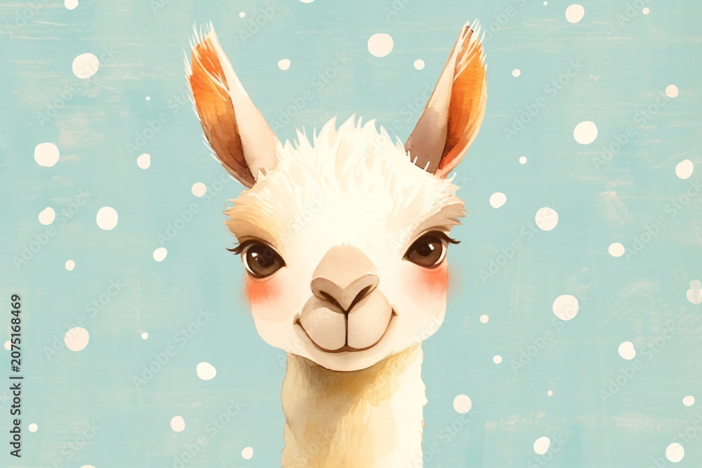 Fototapeta premium Portrait of a cute fluffy llama with rosy cheeks against a light blue dotted background. Digital illustration of a funny farm animal for greeting card art and children design.