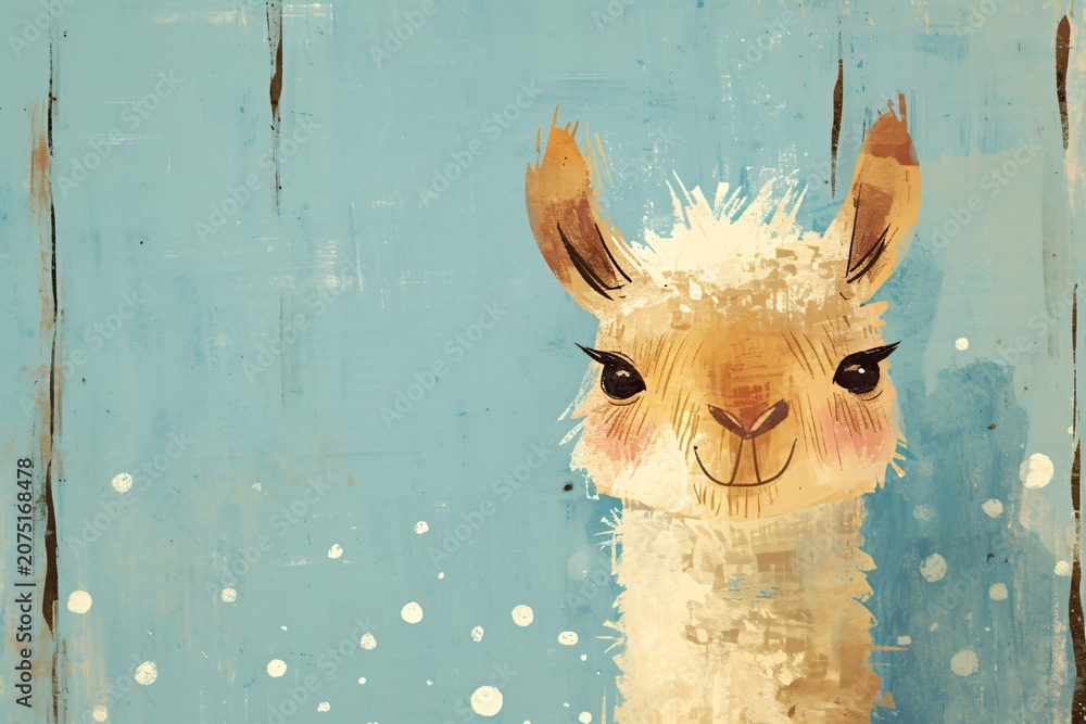 Fototapeta premium Cute llama portrait in vintage art style. Artistic illustration of friendly animal with soft fur and big eye on rustic blue background. Children book design and decor concept.