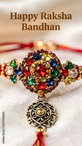 A beautiful colorful gemstones hand-crafted Rakhi on a minimalistic background with subtle shades
