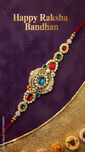 Traditional rakhi with sweets on purple and golden surface, Raksha Bandhan ritual setup