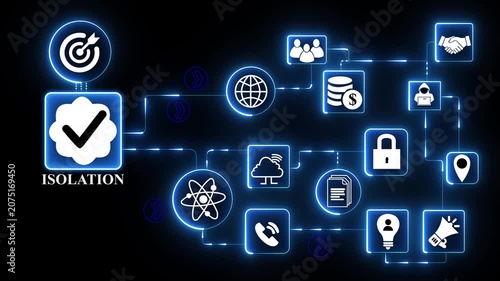 Isolation concept shown with blue glowing security icons and network separation interface illustrating restricted access and containment system on dark background.4k digital technology