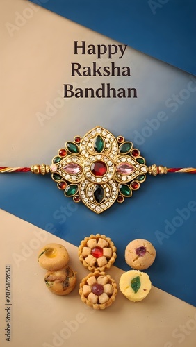 Traditional rakhi with sweets on blue and golden surface, Raksha Bandhan ritual setup