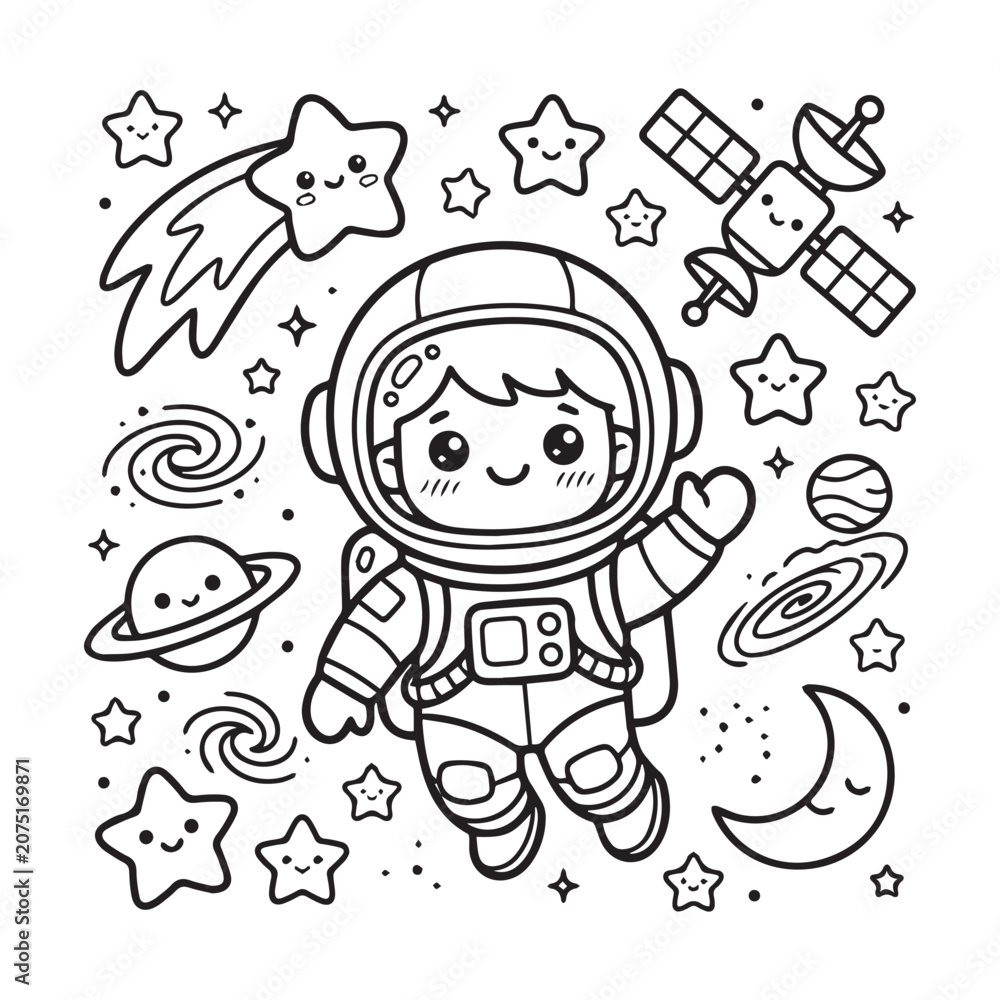 Fototapeta premium Kawaii Astronaut Space Coloring Page with Cute Stars Planets Galaxy Moon Satellite and Comet Collection