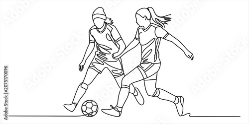 Bild auf Leinwand Continuous line drawing of two female soccer players competing for the ball duri