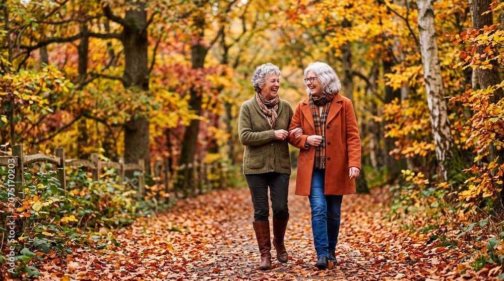 Fototapeta premium two joyful senior women walking arm in arm vibrant autumn path fallen leaves