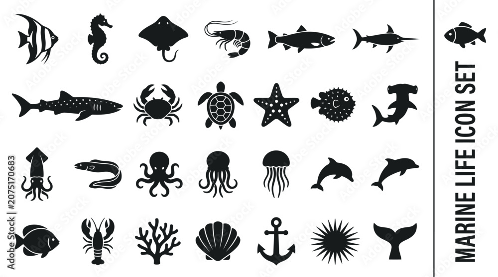 Obraz premium Various black sea creature silhouette graphics featuring sharks, turtles, and diverse aquatic life for modern underwater themed vector designs