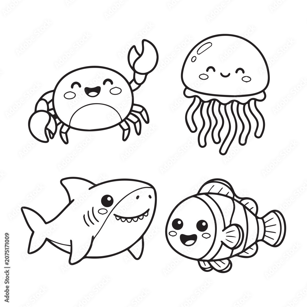 Fototapeta premium Kawaii Ocean Animals Coloring Page with Cute Crab Jellyfish Shark and Clownfish Cartoon Vector Illustration