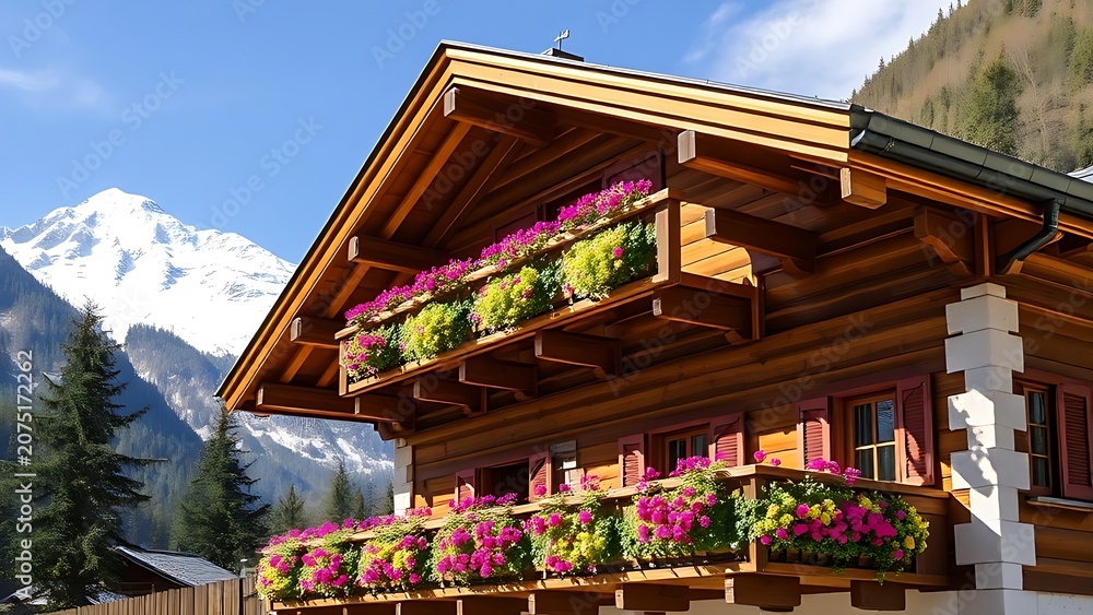 Fototapeta premium A traditional Alpine wooden chalet with a flower-decked balcony against snow-capped mountains.