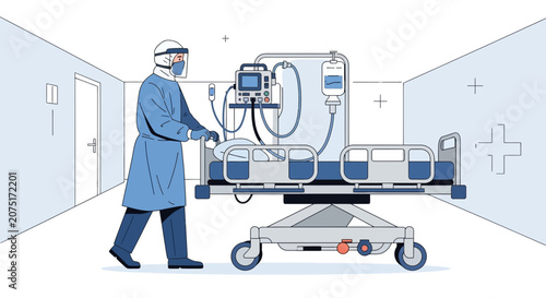 Healthcare worker in PPE pushing patient on medical bed with ventilator and IV drip in hospital corridor