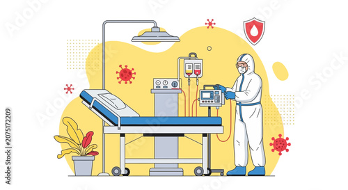Healthcare Worker in PPE with Medical Equipment in Hospital Room, Fighting Virus