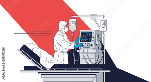 Healthcare worker in PPE tending to patient on ventilator with medical equipment