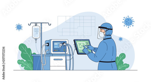 Healthcare worker in PPE with ventilator and IV drip, symbolizing pandemic care and medical technology