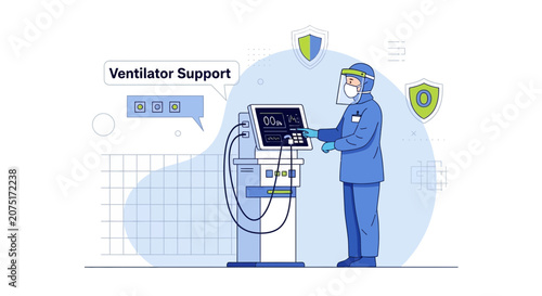 Healthcare Worker in PPE with Ventilator Machine and Medical Icons