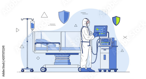 Healthcare Worker in PPE with Ventilator and Hospital Bed, Medical Equipment