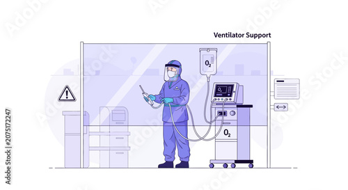Healthcare worker in PPE with ventilator and IV drip in isolation room