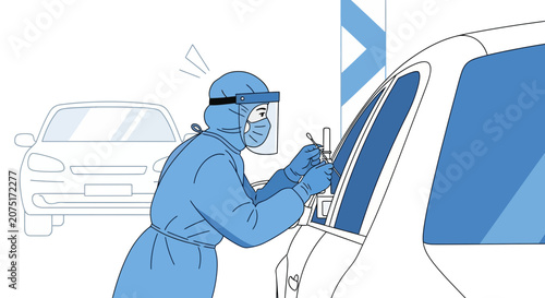 Healthcare worker in protective gear performs COVID-19 test on driver at drive-thru clinic