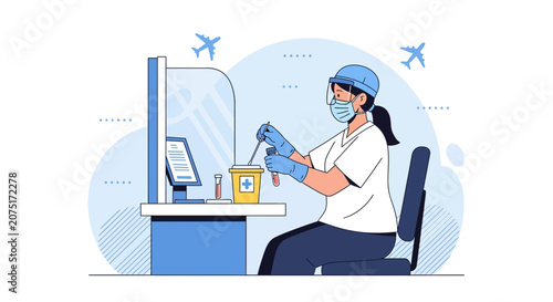 Healthcare worker in protective gear performs COVID-19 test at airport screening station
