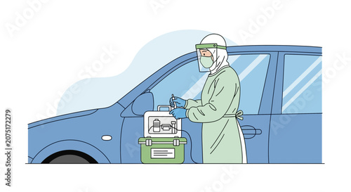 Healthcare worker in protective gear performs drive-thru COVID-19 test on patient in car