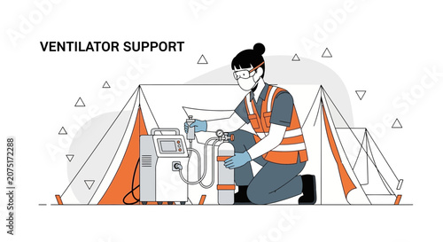 Healthcare worker in tent with ventilator, providing medical support and emergency care.