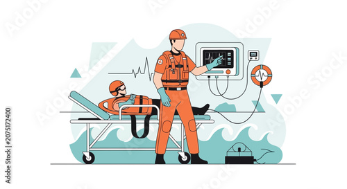 Emergency Rescuer Attends Patient on Stretcher with Medical Equipment