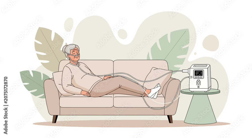 Obraz premium Elderly Woman Recovering at Home with Medical Equipment