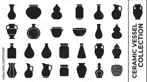 Minimalist set of ceramic pottery silhouette icons featuring various jars amphoras bowls and vases for graphic design branding and interface web layouts