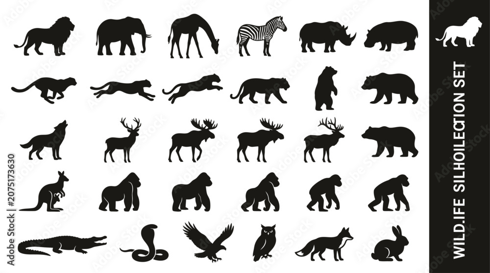 Fototapeta premium Collection of black wild animal silhouette icons featuring lion elephant giraffe bear tiger gorilla and wolf