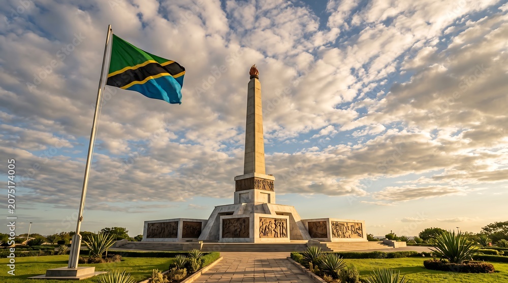 Fototapeta premium Wide angle view of Uhuru Monument and Tanzanian national flag under golden hour cloudy sky