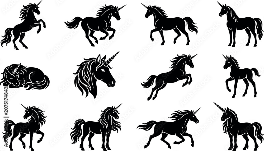 Fototapeta premium Black unicorn silhouette icon set with mythical horned horses jumping running standing sleeping and head portraits isolated on white background vector illustration