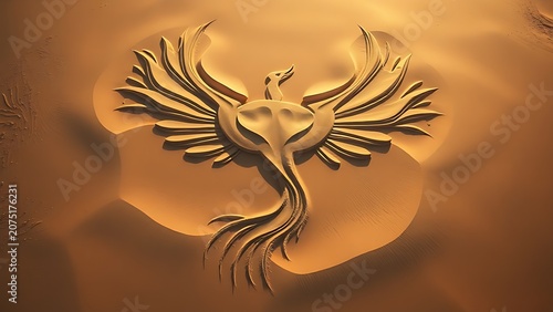 Wind altering phoenix sand drawing, bird shape slowly disappearing.