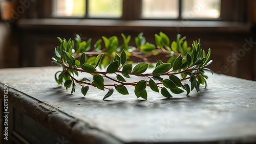 A crown made of fresh laurel leaves resting on an ancient stone desk.