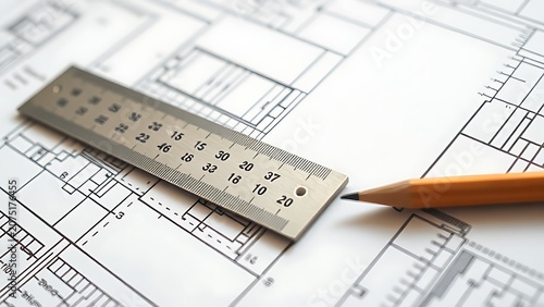 A metal ruler and sharpened pencil lying on unfinished architectural blueprints.