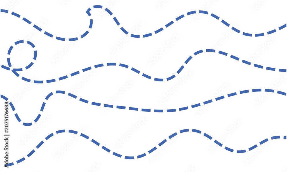 Fototapeta premium Modern Blue Dashed Wavy Line Collection – Decorative Dotted Path Divider Editable Vector Design Elements