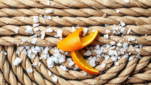 Textured hemp rope background with sparkling salt grains and a vibrant strip of orange peel.