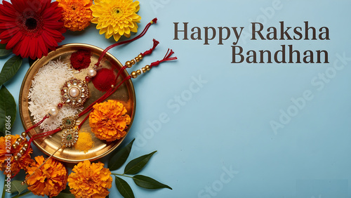 Creative Flat Lay of Rakhi Gifts and Traditional Items for Raksha Bandhan, blank space for text, light blue background